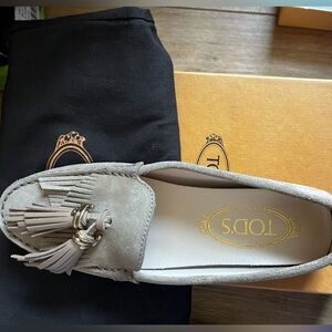 Tod's Taupe Suede Tassel Loafer with Gold Rings